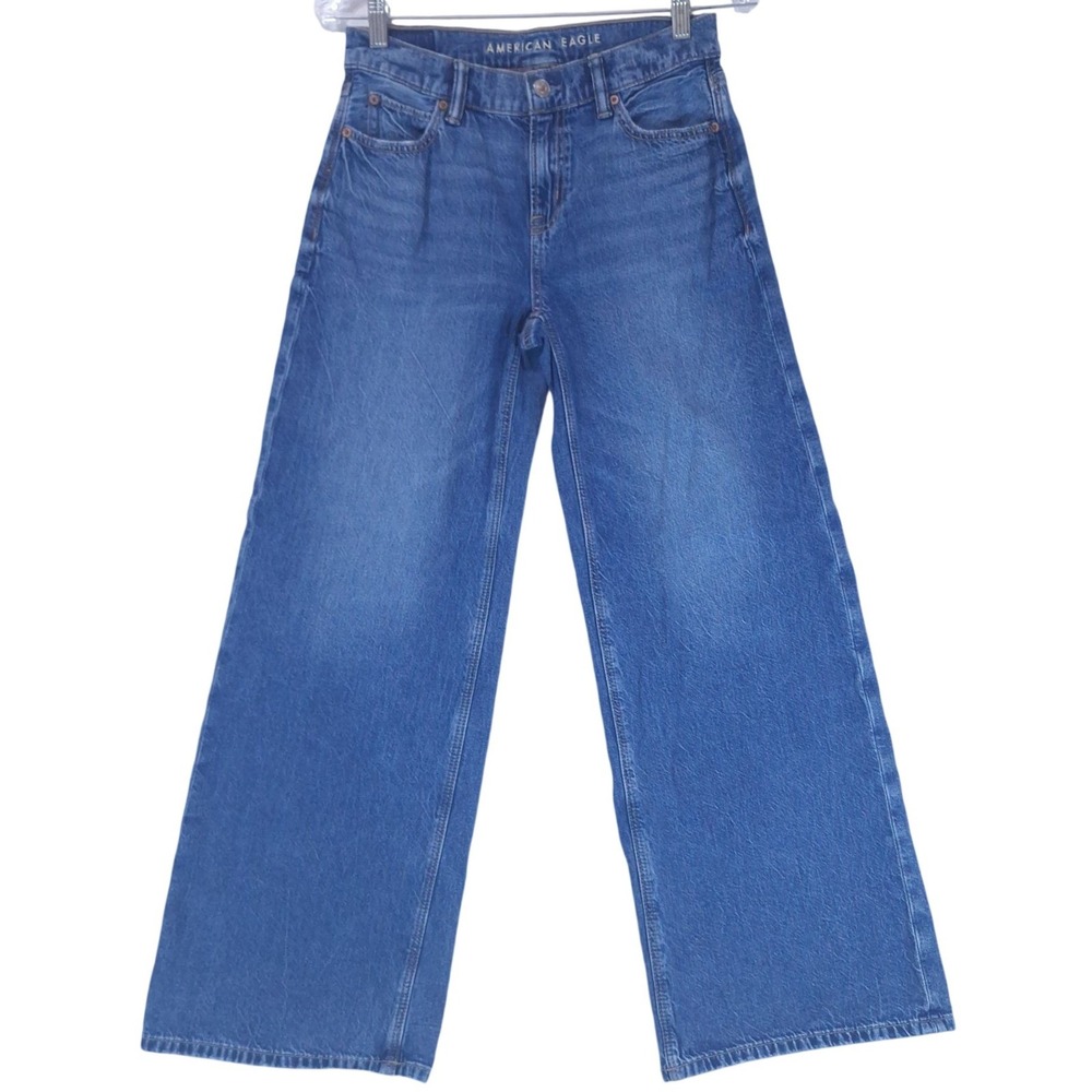 American Eagle Low-Rise Ultra Wide Leg Jeans Sz 000 Medium Wash Blue Y2K Baggy
